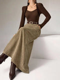 Women's Brown Solid Corduroy Midi Skirt with Belt, Loose Fit for Autumn Winter