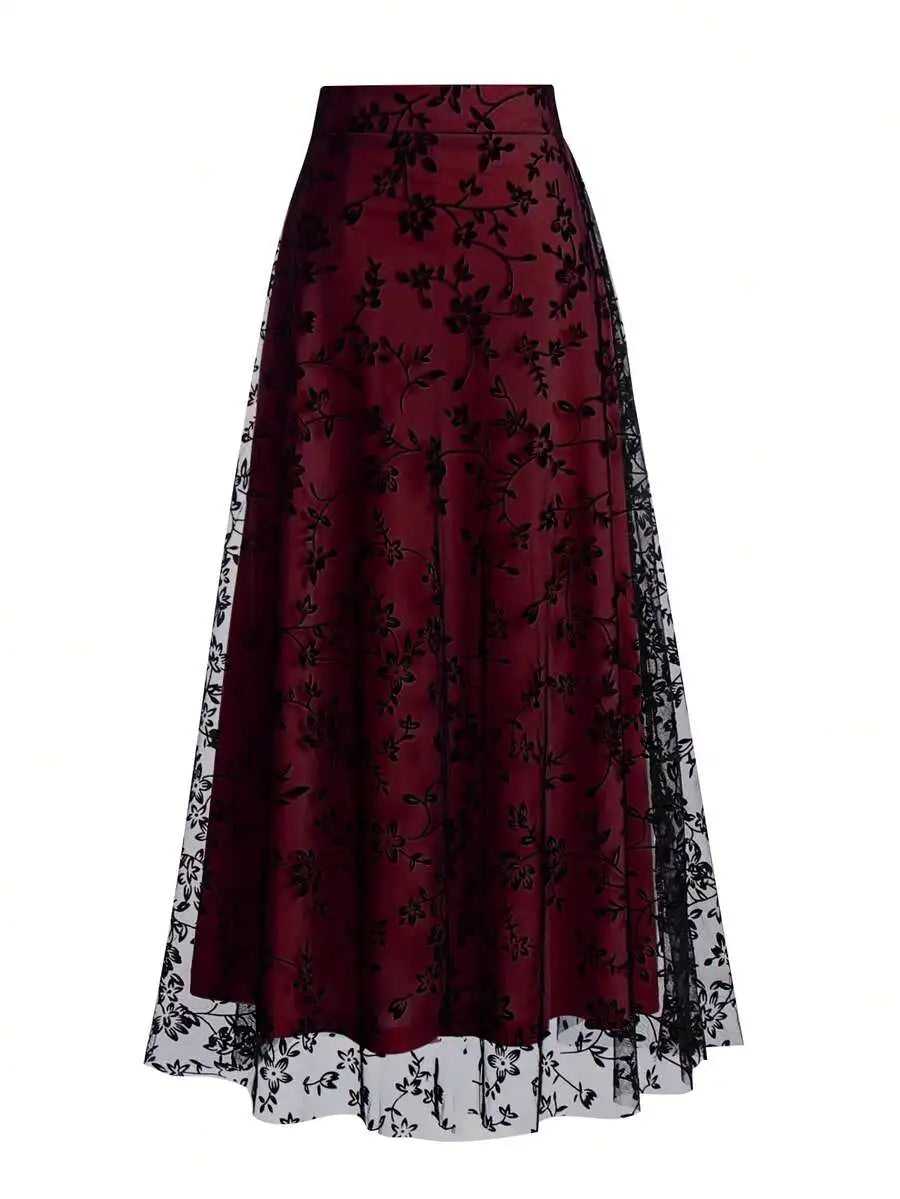 Women's High Waist Floral Embroidered Sheer Mesh A-Line Skirt, Vintage Romantic Style