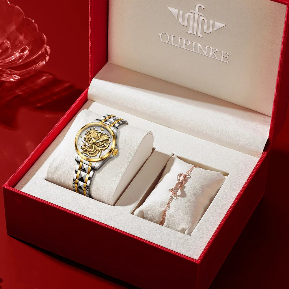 OUPINKE Top Luxury Women's Watches Golden Phoenix Dial Original Automatic Mechanical Watch for Lady Waterproof Luminous Gift Set