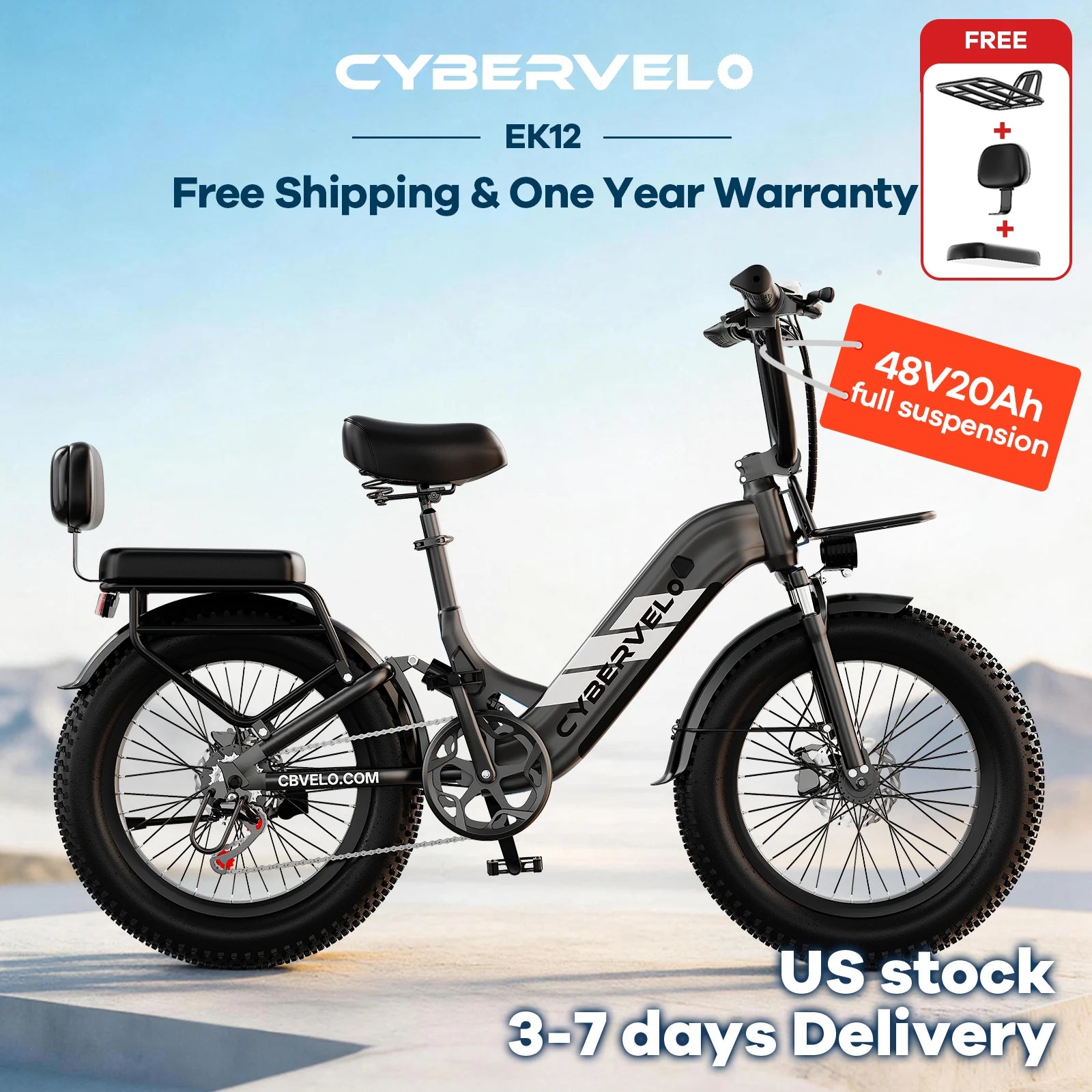 1500W Peak 20 Inch Wide Fat Tire Step-Thru Ebike, Original Shimano 7-Speed Shift, 48V 20Ah Detachable Battery, Long Range Urban Daily Commute Adult Electric Bicycle EK12