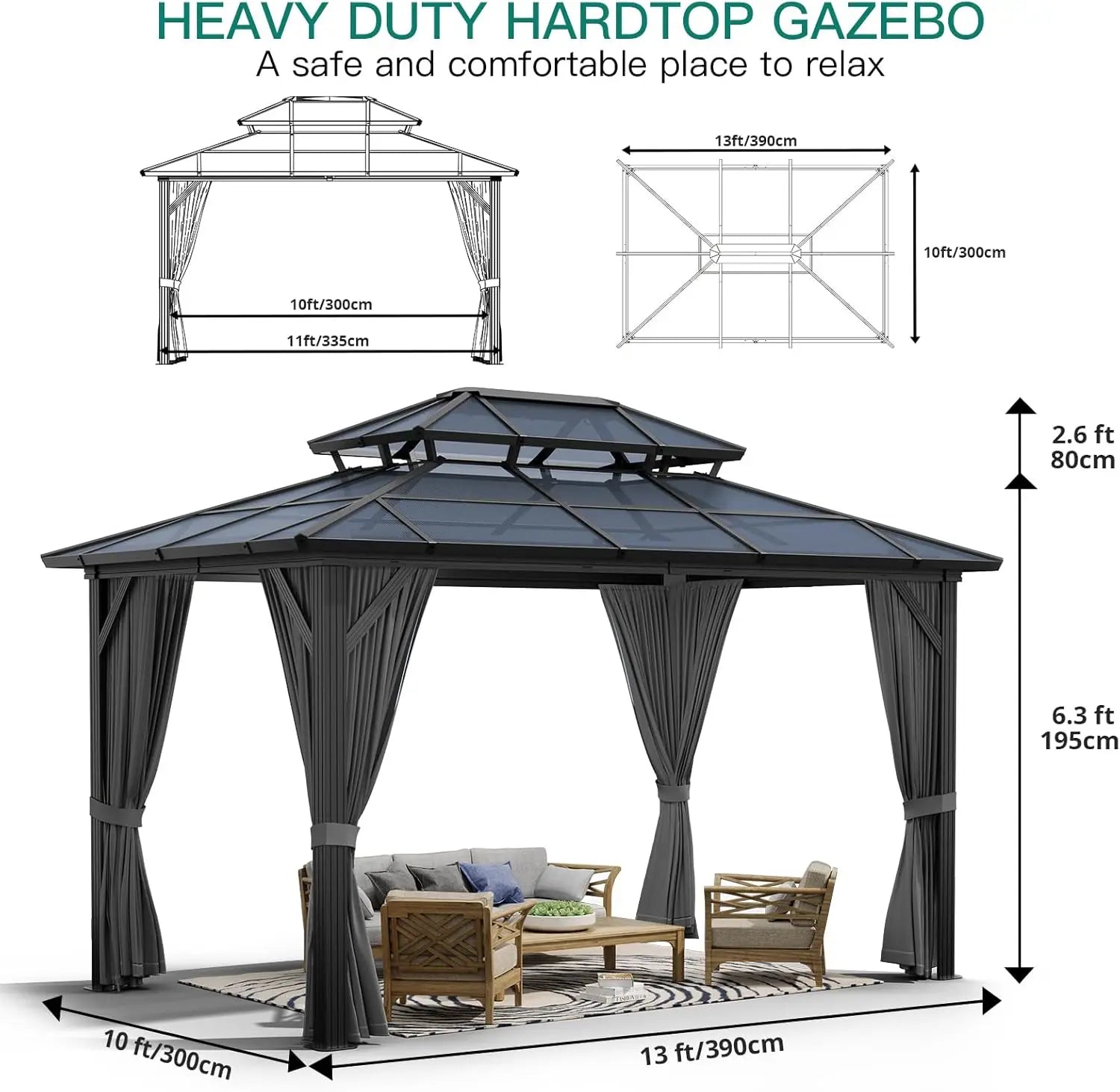 10x13 FT Hardtop Gazebo Aluminum Framed Outdoor Polycarbonate Double Roof Canopy Pavilion Netting Curtains for Patio Lawn Deck G