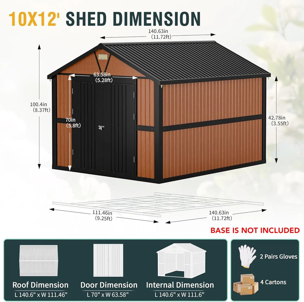 10x12 Ft Outdoor Storage Shed, Extra Large Metal Shed with Lockable Doors, 2 Windows, Outside Steel Tiny House Ideal for Garden,