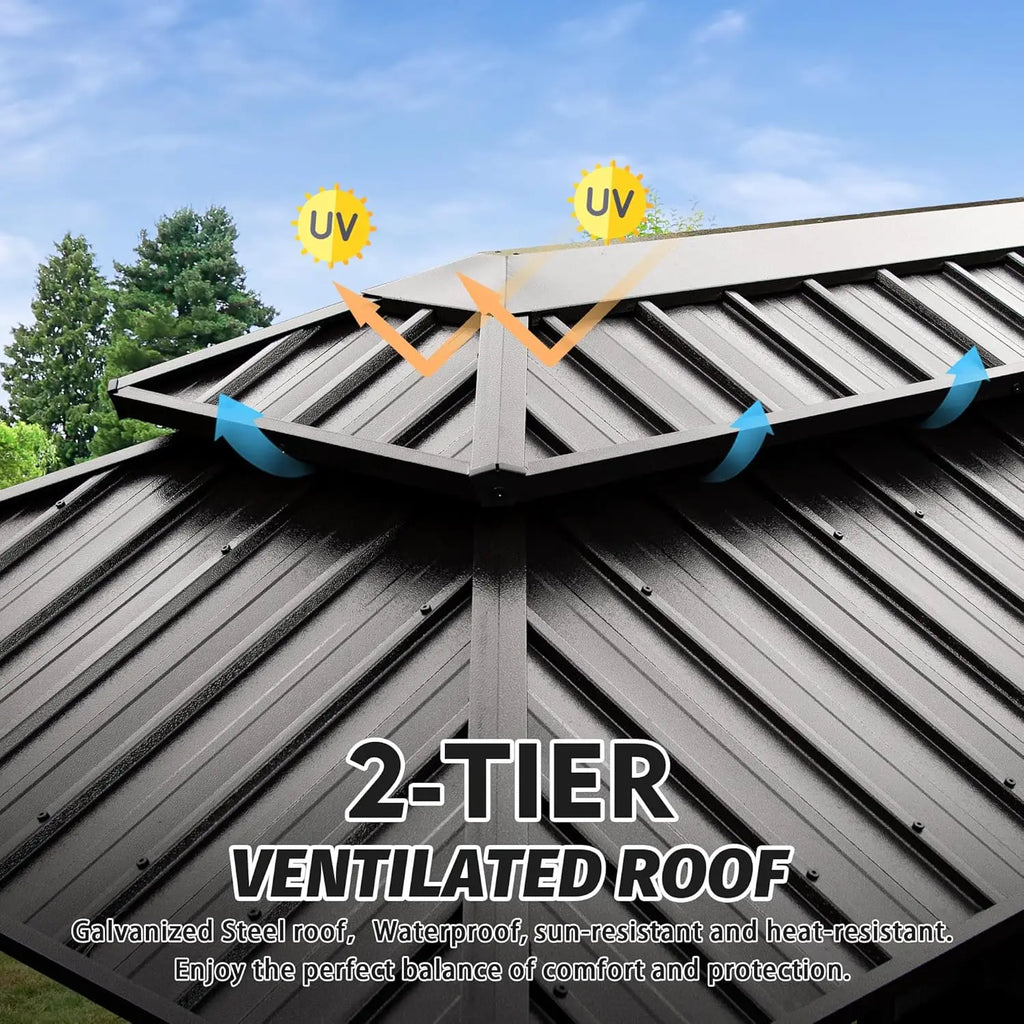 6x10ft Hardtop Grill Gazebo Outdoor Bbq Canopy Double Galvanized Steel Roof Patio Cabinets Ceiling Hooks Backyard Lawn Garden Br