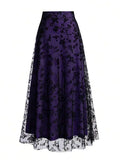 Women's High Waist Floral Embroidered Sheer Mesh A-Line Skirt, Vintage Romantic Style