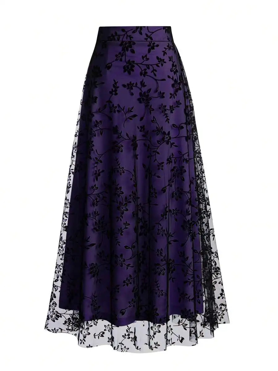 Women's High Waist Floral Embroidered Sheer Mesh A-Line Skirt, Vintage Romantic Style