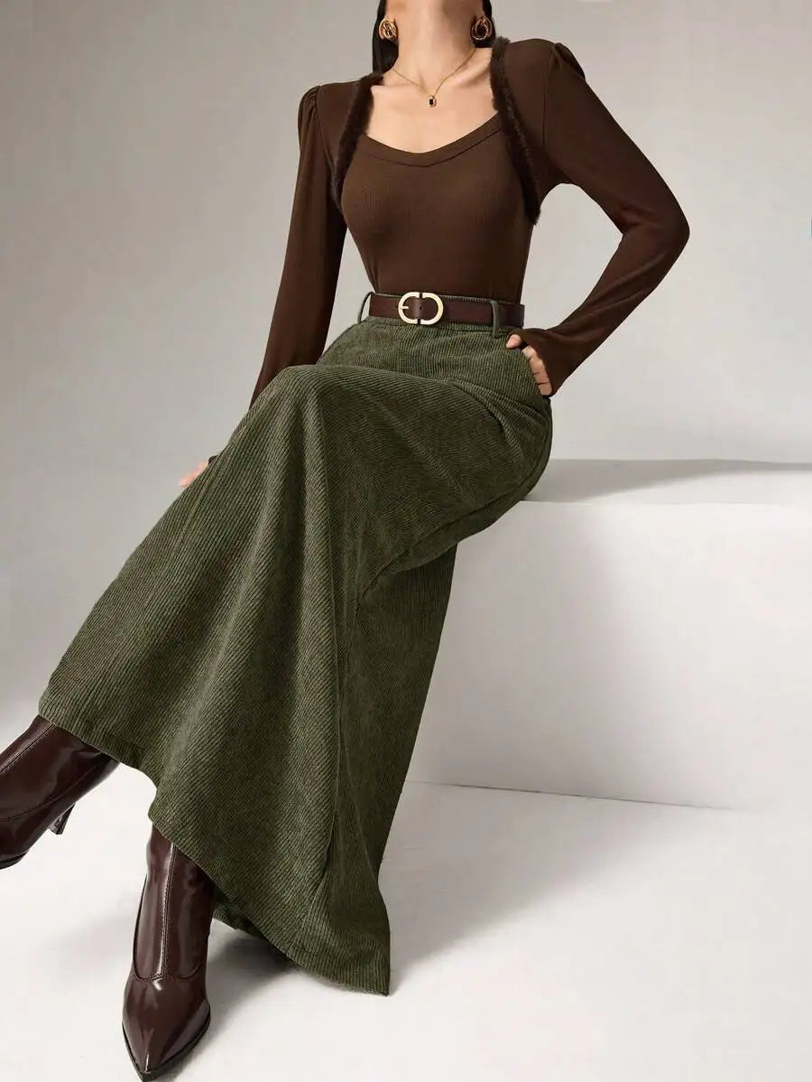 Women's Brown Solid Corduroy Midi Skirt with Belt, Loose Fit for Autumn Winter
