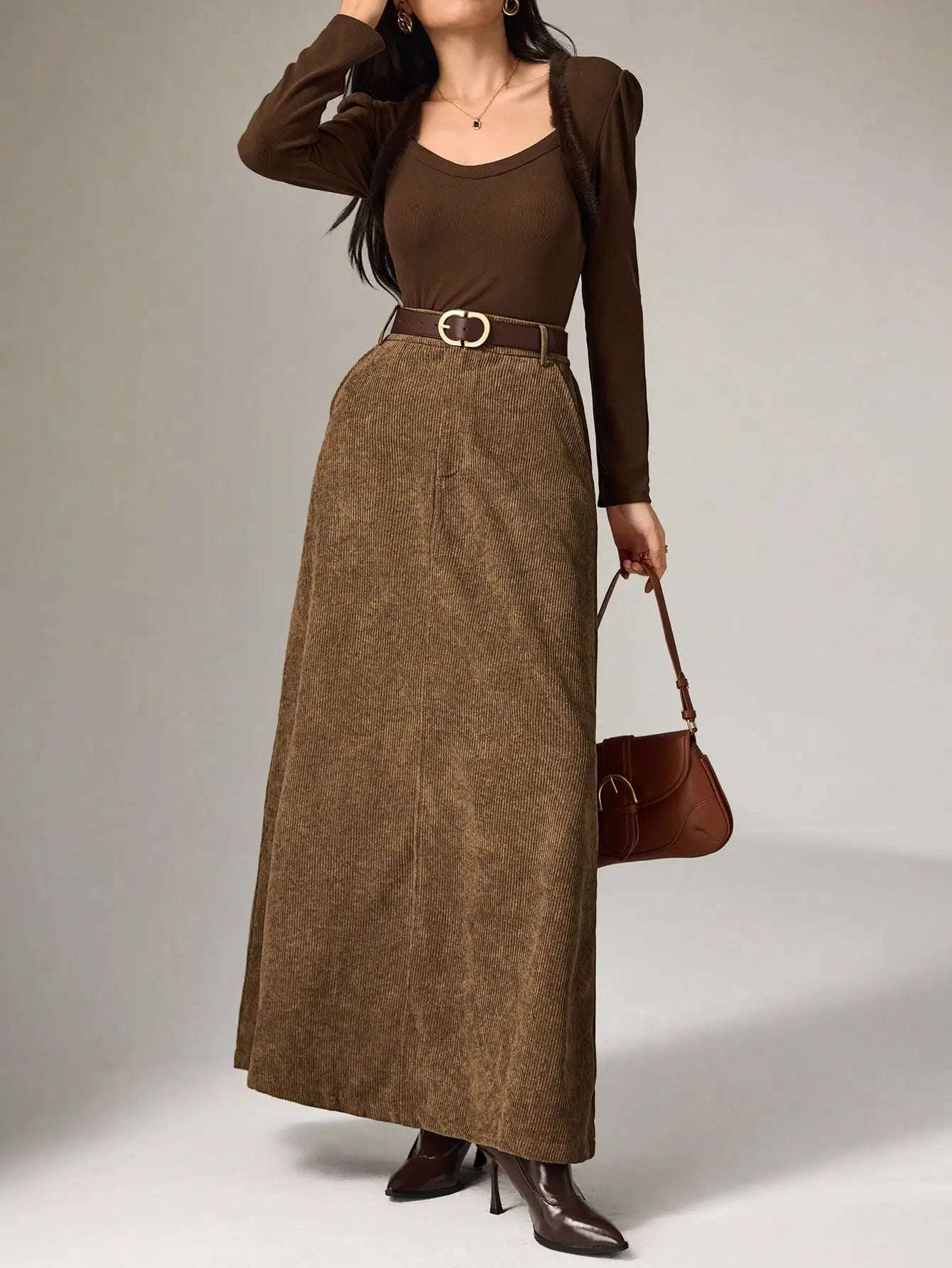 Women's Brown Solid Corduroy Midi Skirt with Belt, Loose Fit for Autumn Winter
