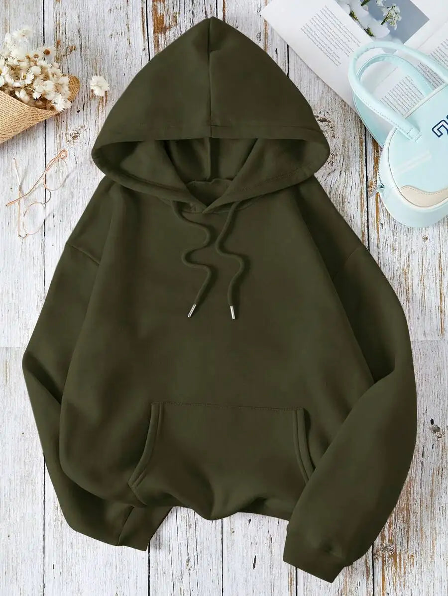Soft Pink Kangaroo Pocket Hoodie with Drawstring, Loose Fit Long Sleeve Pullover for Women