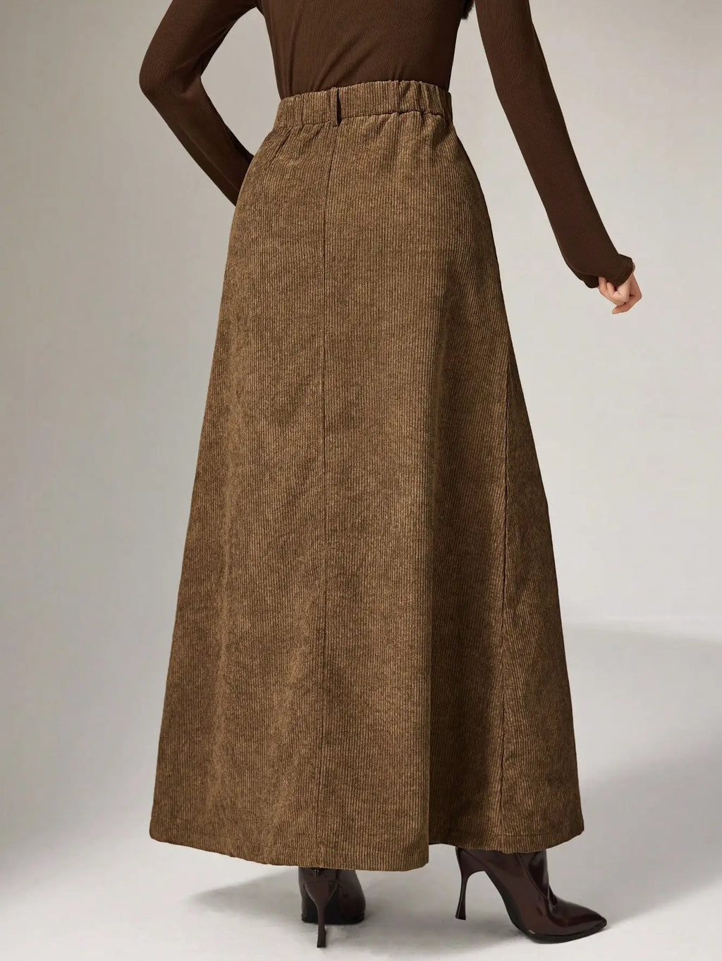Women's Brown Solid Corduroy Midi Skirt with Belt, Loose Fit for Autumn Winter