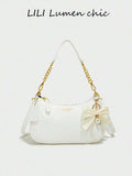 Black Pebbled PU Crescent Shoulder Bag with Gold Chain & Cherry Charm