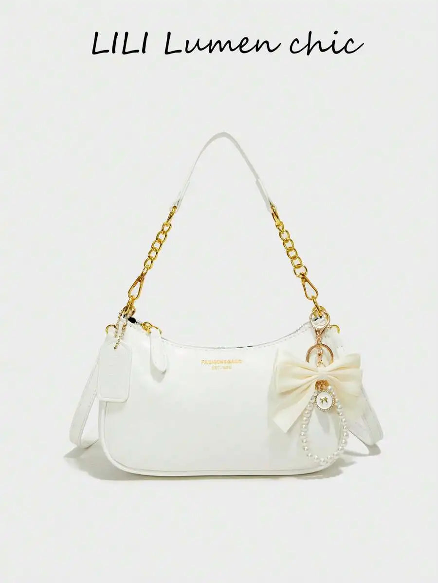 Black Pebbled PU Crescent Shoulder Bag with Gold Chain & Cherry Charm