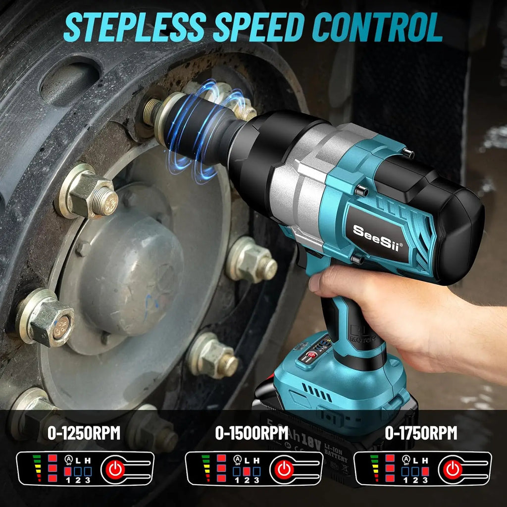 Seesii WH810 Electric Impact Wrench Cordless 1300NM High Torque 1/2 960Ft-lbs Brushless Impact Gun Kit 2x 5Ah Battery for Makita