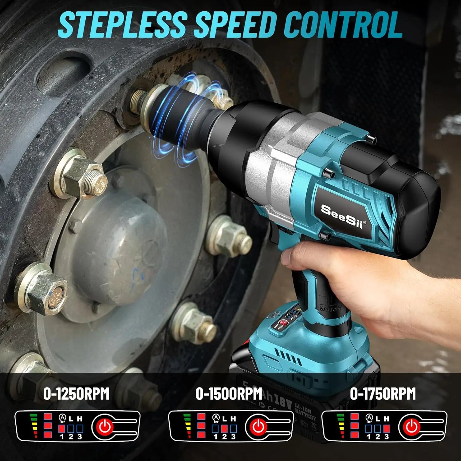 Seesii WH810 Electric Impact Wrench Cordless 1300NM High Torque 1/2 960Ft-lbs Brushless Impact Gun Kit 2x 5Ah Battery for Makita