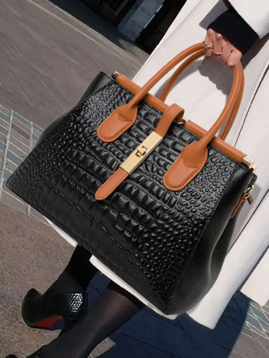 Crocodile-Embossed PU Leather Top-Handle Bag for Women, Large Capacity Office Bag