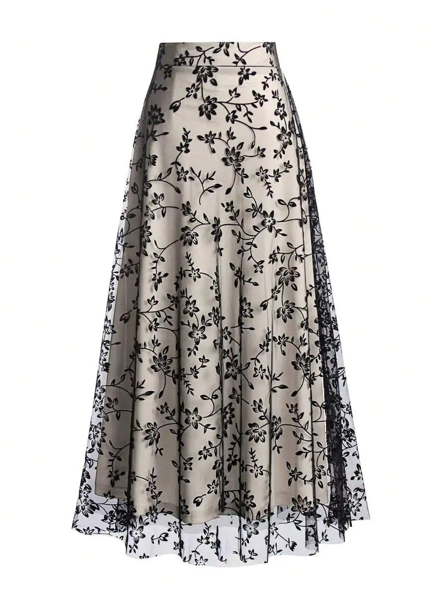 Women's High Waist Floral Embroidered Sheer Mesh A-Line Skirt, Vintage Romantic Style