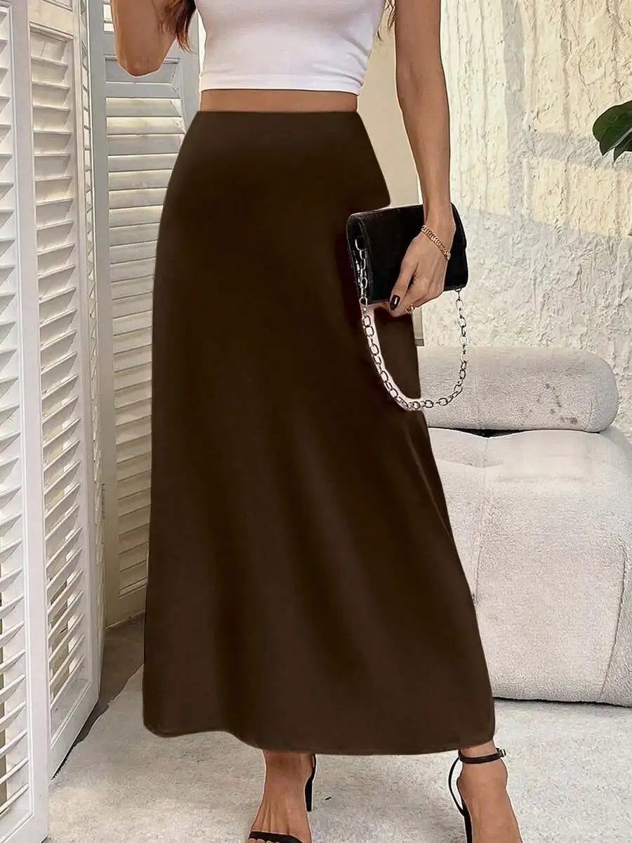 Women's Solid Brown Satin Midi Skirt with Side Slit and Slight Stretch