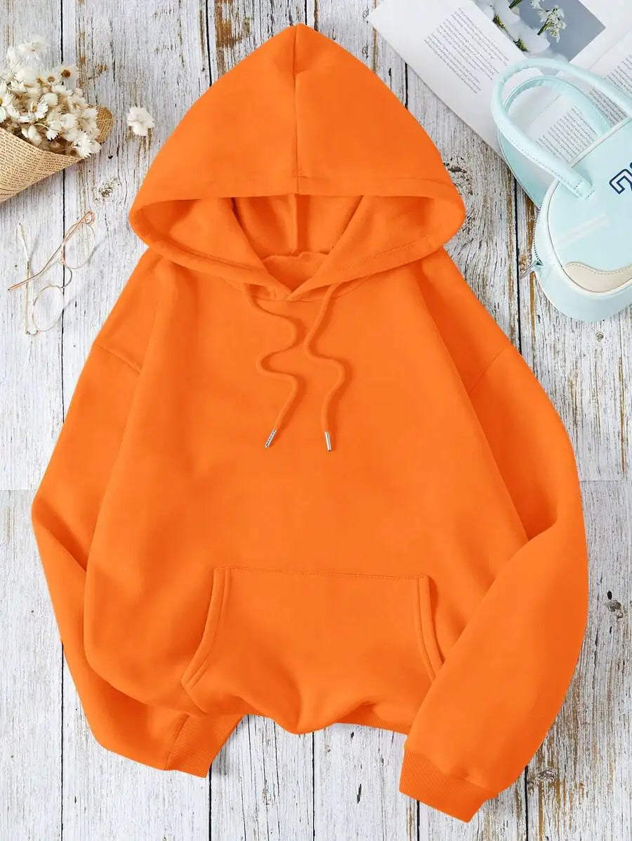 Soft Pink Kangaroo Pocket Hoodie with Drawstring, Loose Fit Long Sleeve Pullover for Women