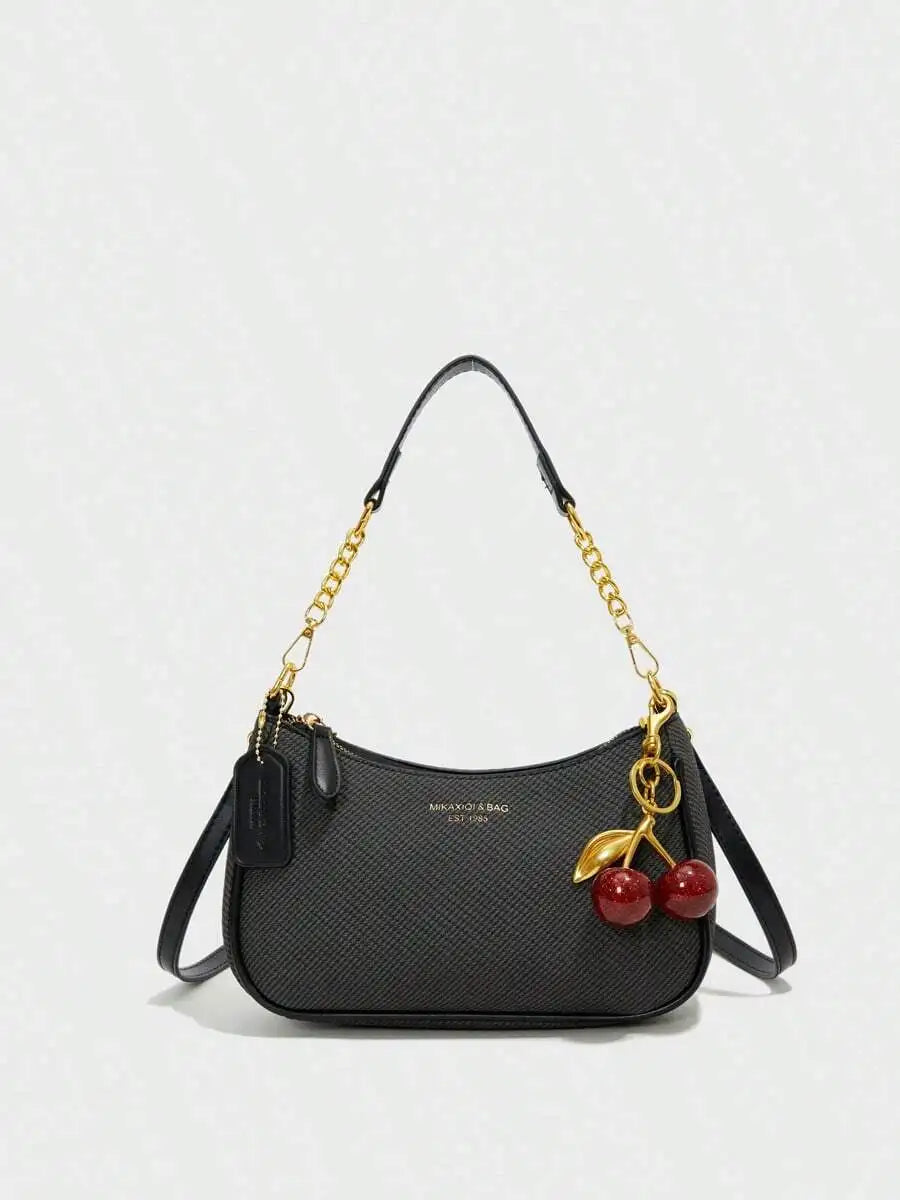 Black Pebbled PU Crescent Shoulder Bag with Gold Chain & Cherry Charm