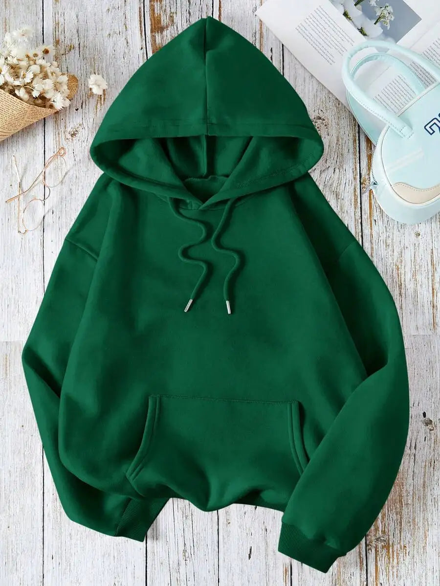 Soft Pink Kangaroo Pocket Hoodie with Drawstring, Loose Fit Long Sleeve Pullover for Women