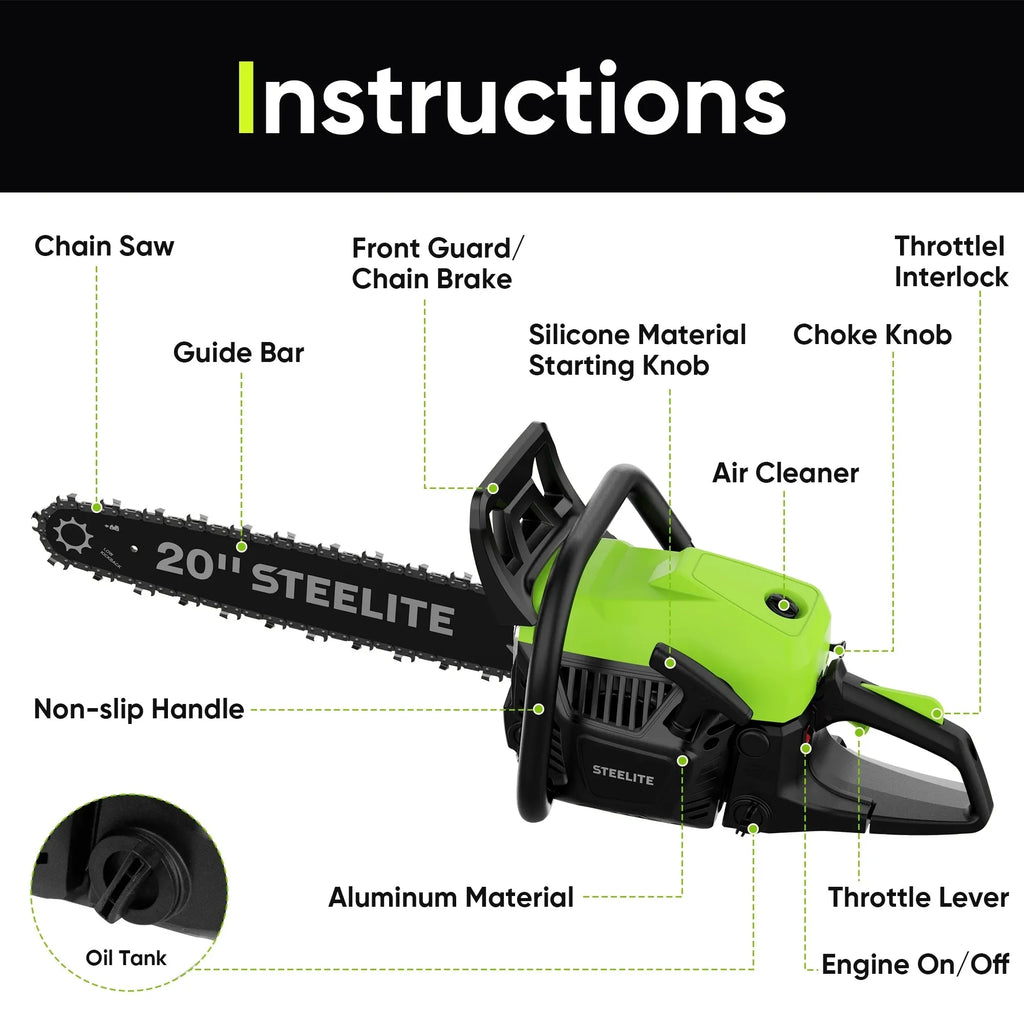 Deli 62CC Gas Powered Chainsaw,20 Inch 2-Stroke Petrol Handheld Cordless Chain Saw,Gasoline Gas Chainsaws for Wood Cutting