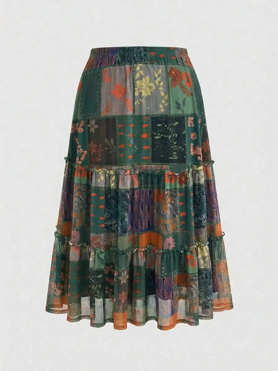 Plus Size Tiered Patchwork Print Vintage Midi Skirt with Ruffles