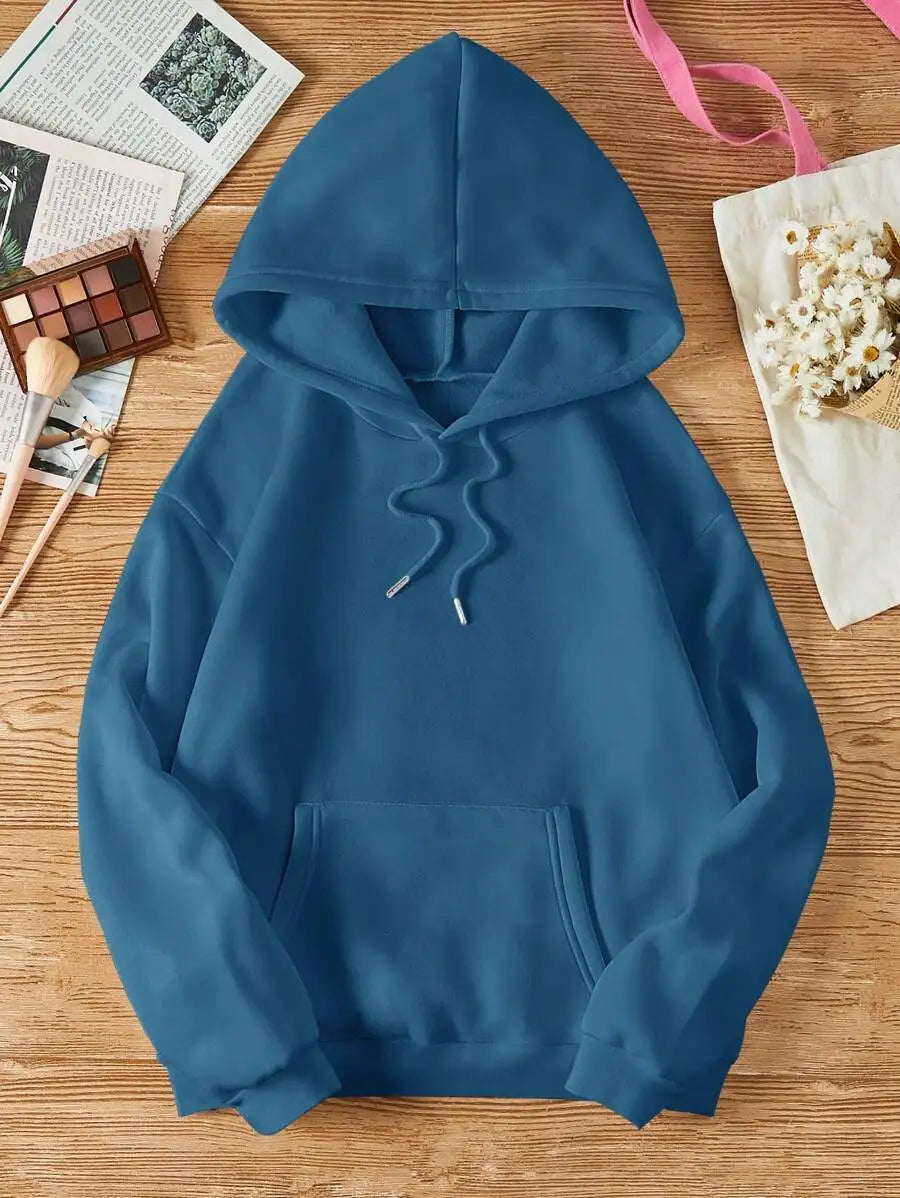 Soft Pink Kangaroo Pocket Hoodie with Drawstring, Loose Fit Long Sleeve Pullover for Women