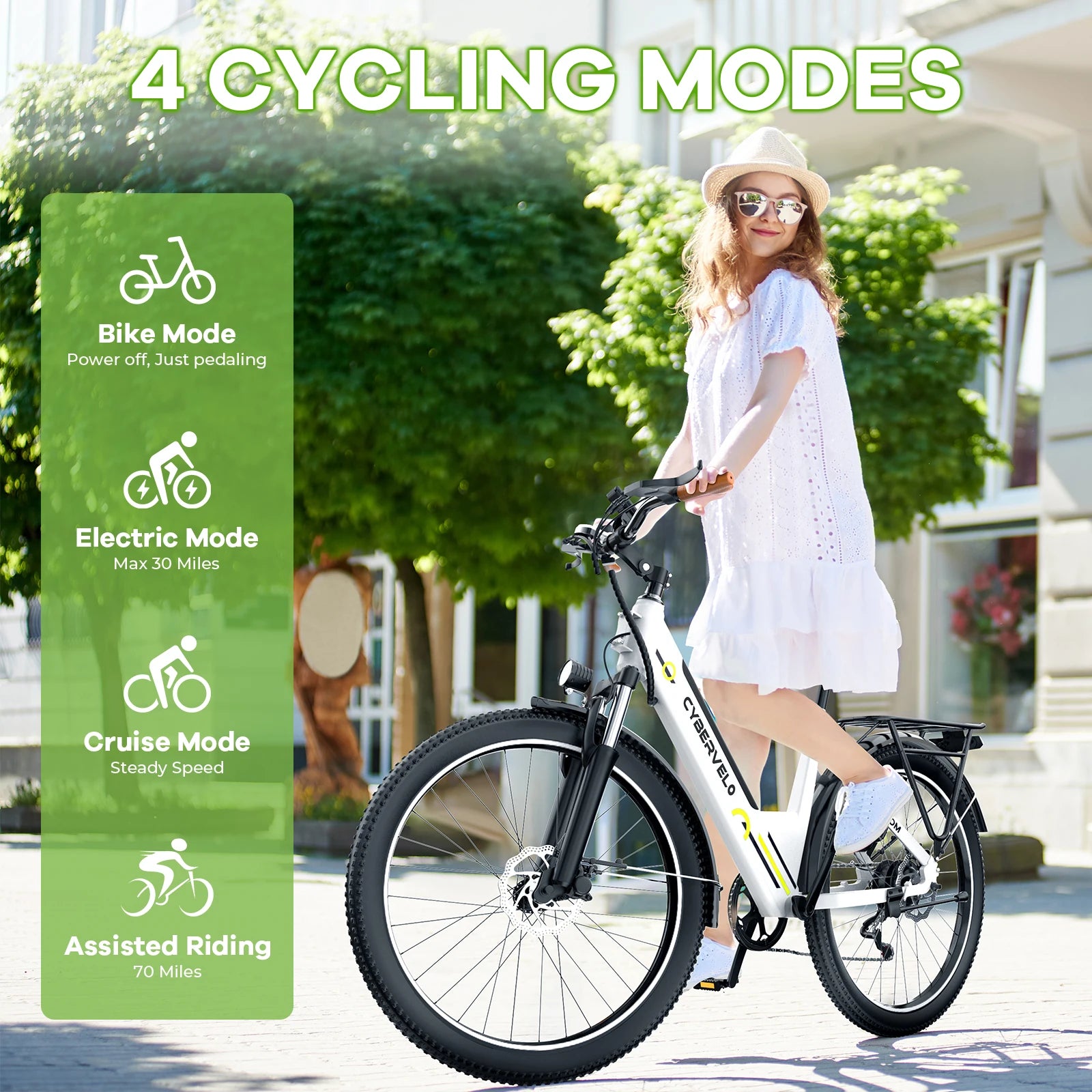 1000W Peak Electric Bike for Adults, 26 Inch Step-Thru Urban Commuter Ebike, Built-in Removable Battery 7-Speed Daily City Travel Cybervelo EK2