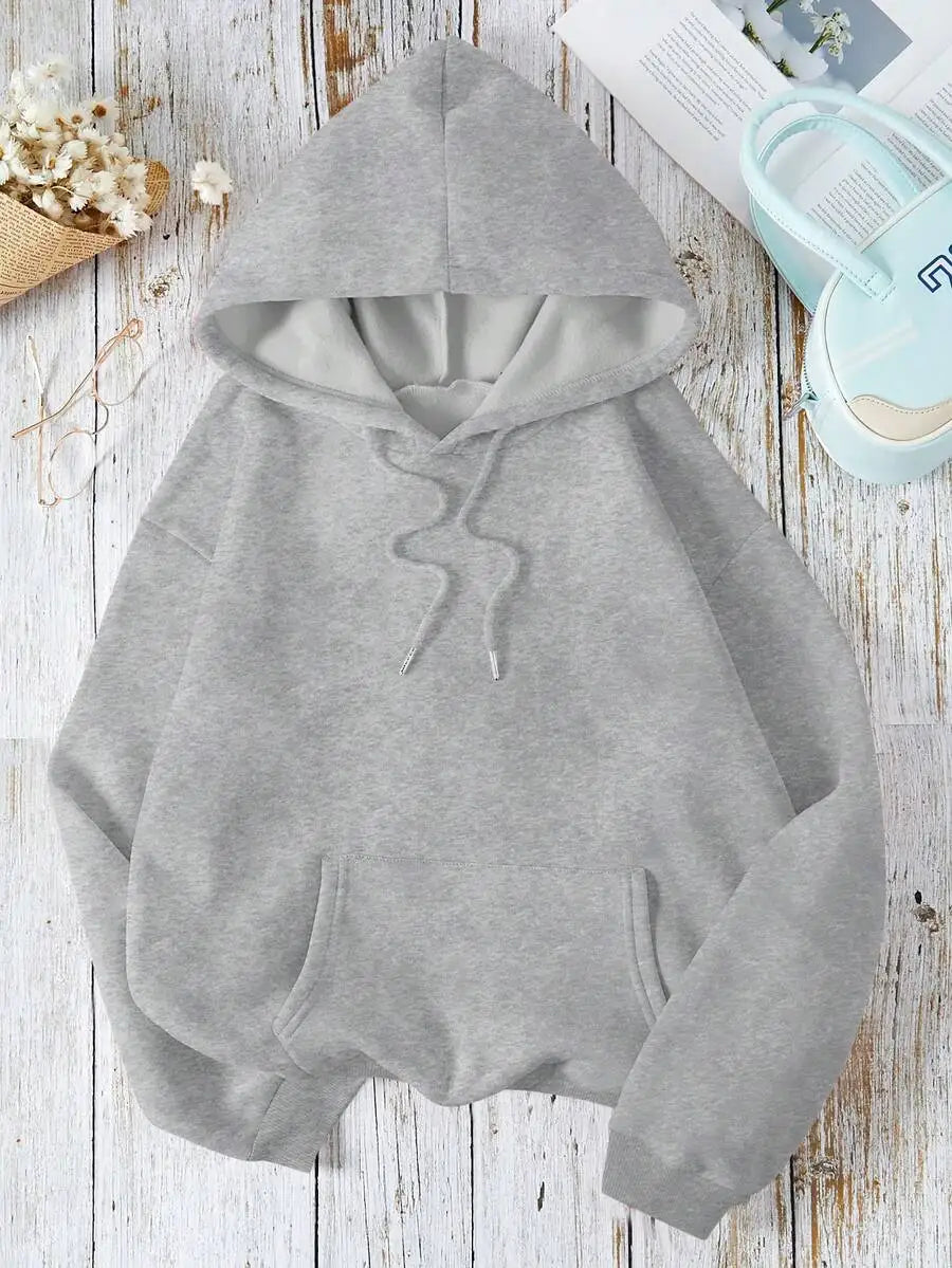 Soft Pink Kangaroo Pocket Hoodie with Drawstring, Loose Fit Long Sleeve Pullover for Women