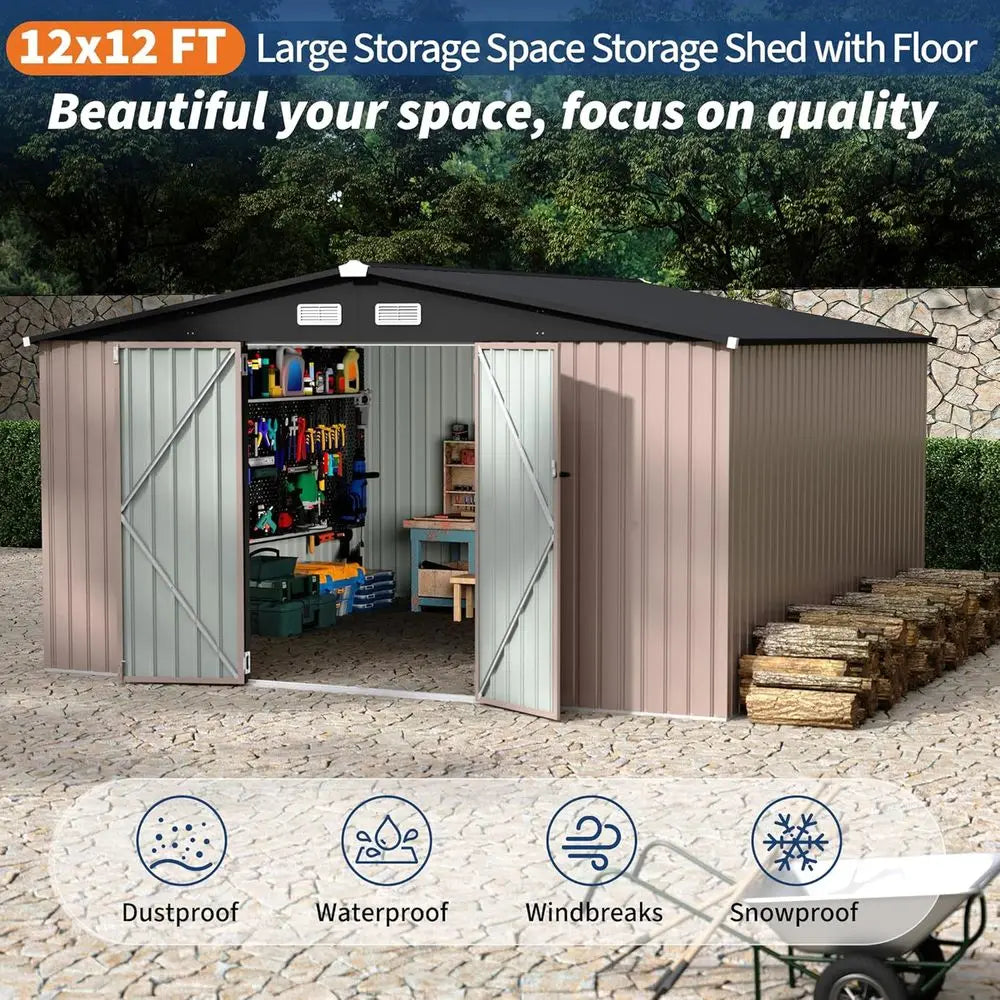 12x12 Outdoor Metal Storage Shed, Secure Lockable Door, Garden & Patio Utility Building with Air Vent
