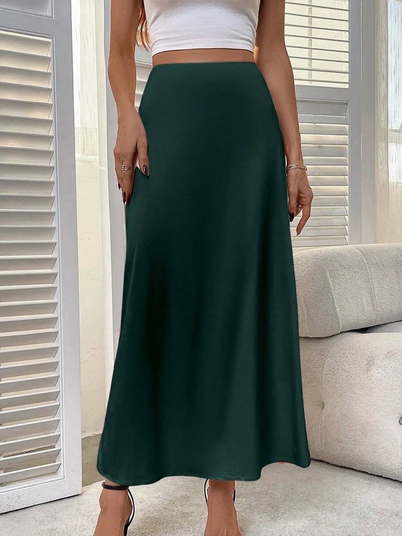 Women's Solid Brown Satin Midi Skirt with Side Slit and Slight Stretch