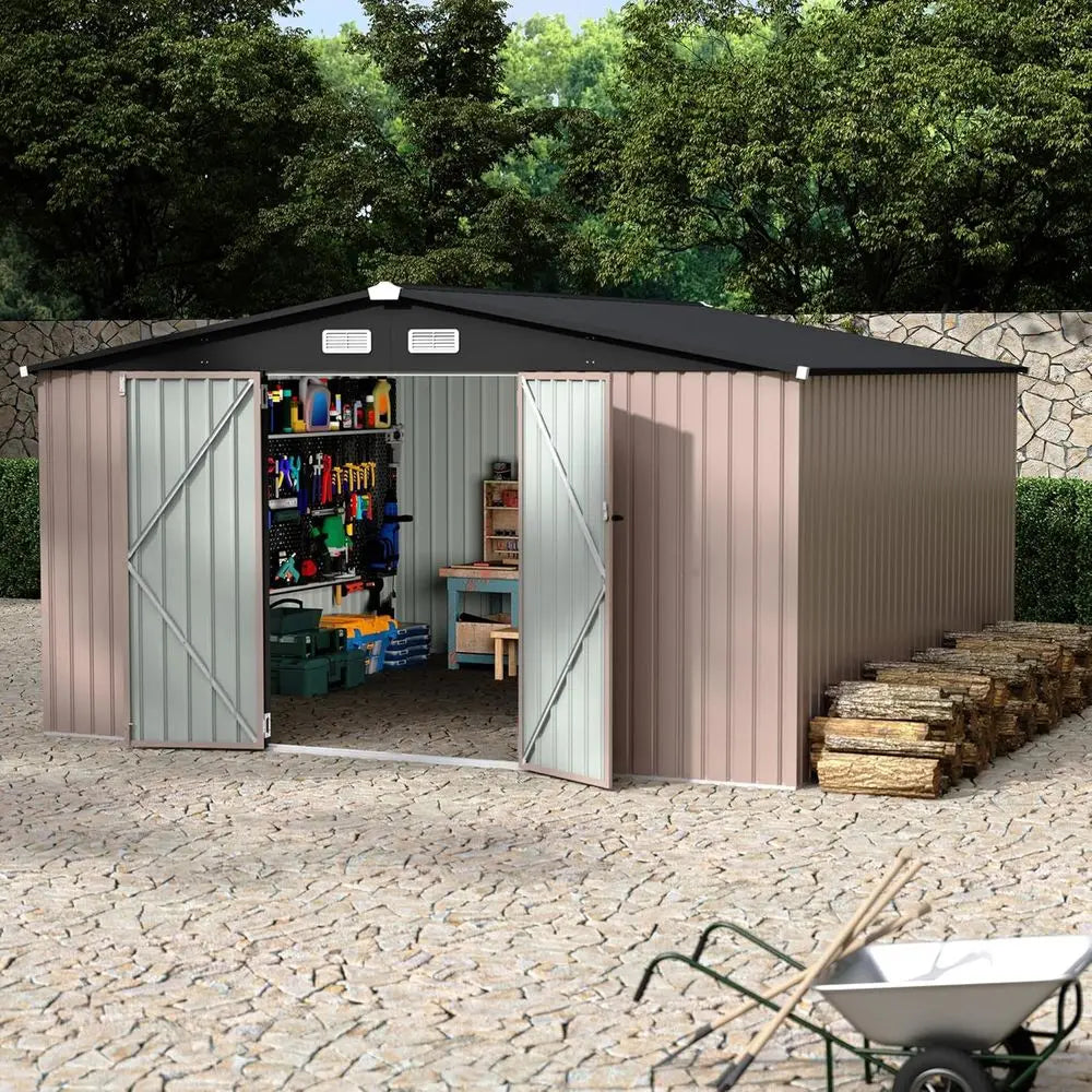 12x12 Outdoor Metal Storage Shed, Secure Lockable Door, Garden & Patio Utility Building with Air Vent