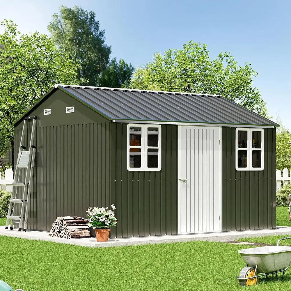 10 x 12 Outdoor Storage Shed with Lockable Door and 2 Windows, Grey/White for Garden and Patio