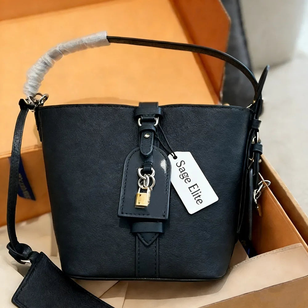 Sage Elite Black Leather Bucket Bag Women's Fashion Lock Decor Crossbody Handbag Stylish Daily Casual Purse with Sage Elite Tag