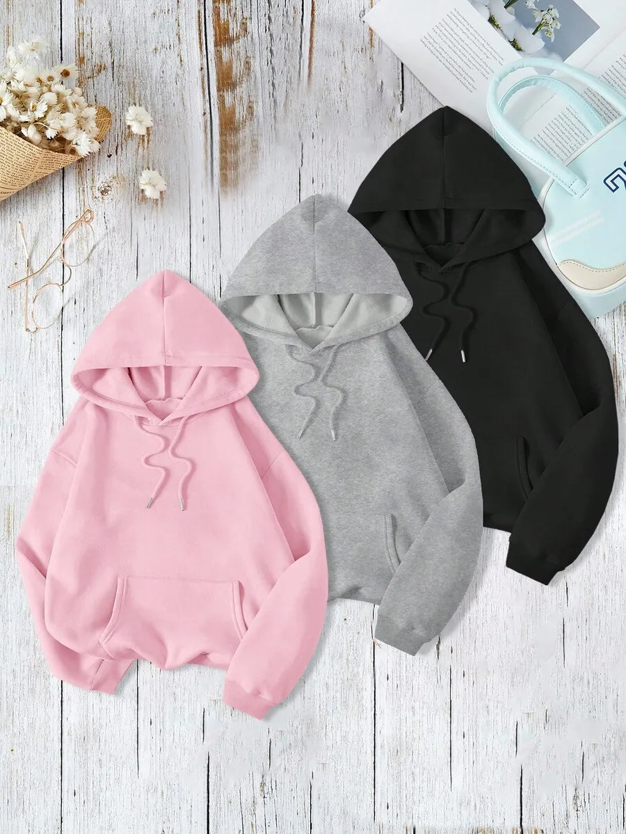 Soft Pink Kangaroo Pocket Hoodie with Drawstring, Loose Fit Long Sleeve Pullover for Women
