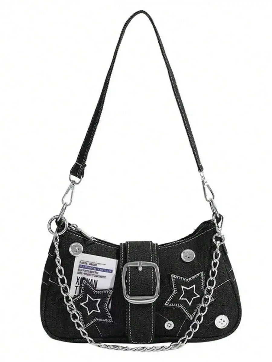 Black Denim Mini Saddle Bag with Star Embroidery, Chain Strap & Buckle Detail