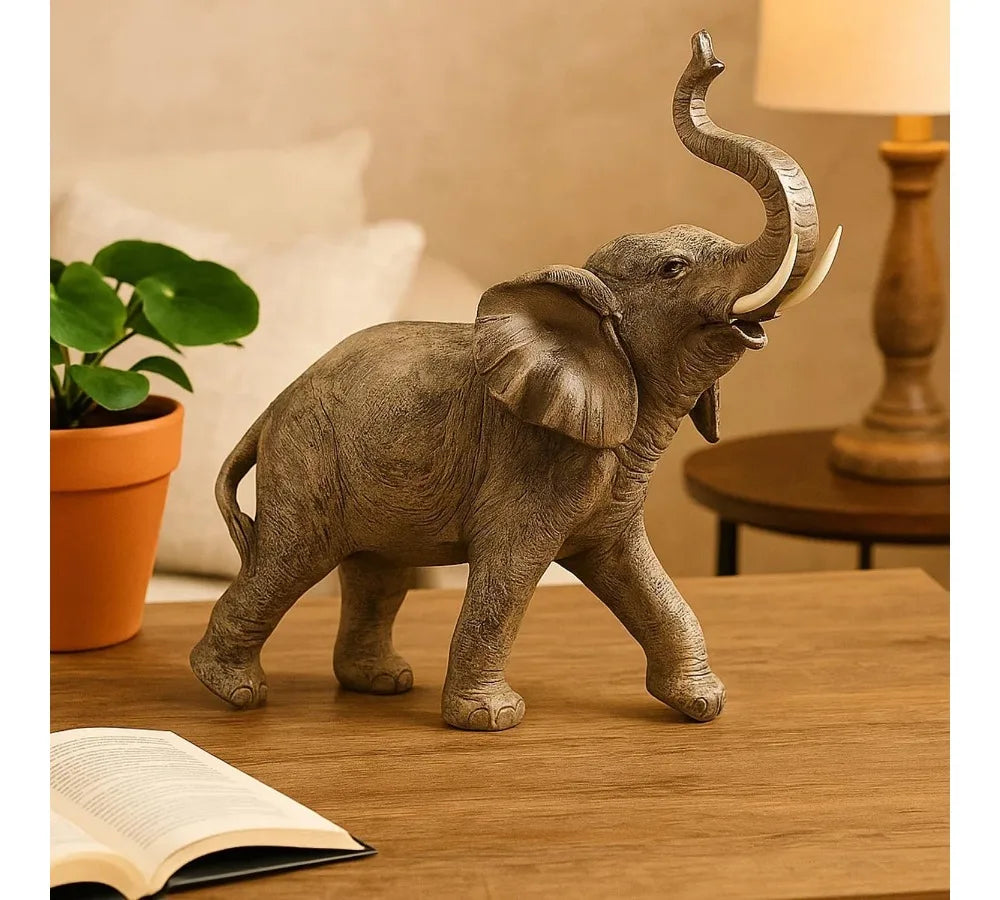 Large 13" African Elephant Statue with Trunk Up, Home Decor Sculpture for Women, Gift for Elephant Lovers