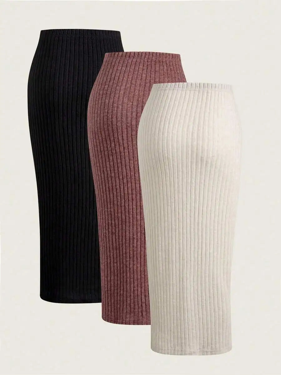 3-Pack High Waist Ribbed Knit Bodycon Skirt Set for Women - Black, Mauve, Cream