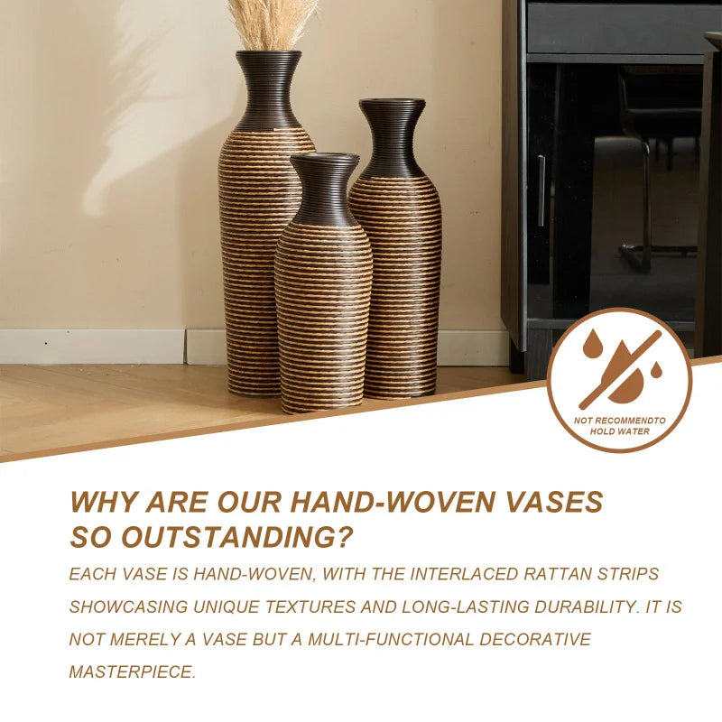 Set Of 3 Hand-Woven PVC Rattan Floor Vases 27.56in 23.62in 19.69in Tall Brown Striped Decorative Vases For Farmhouse Style USA