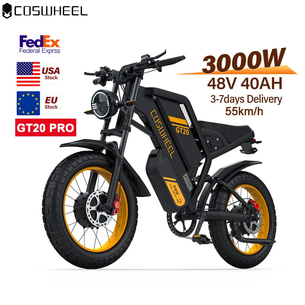 Coswheel Electric bike for Adult 3000W Dual Motor 40AH Battery Off-Road Motorcycle Mountain Bikes 20Inch Electric bike Fatbike
