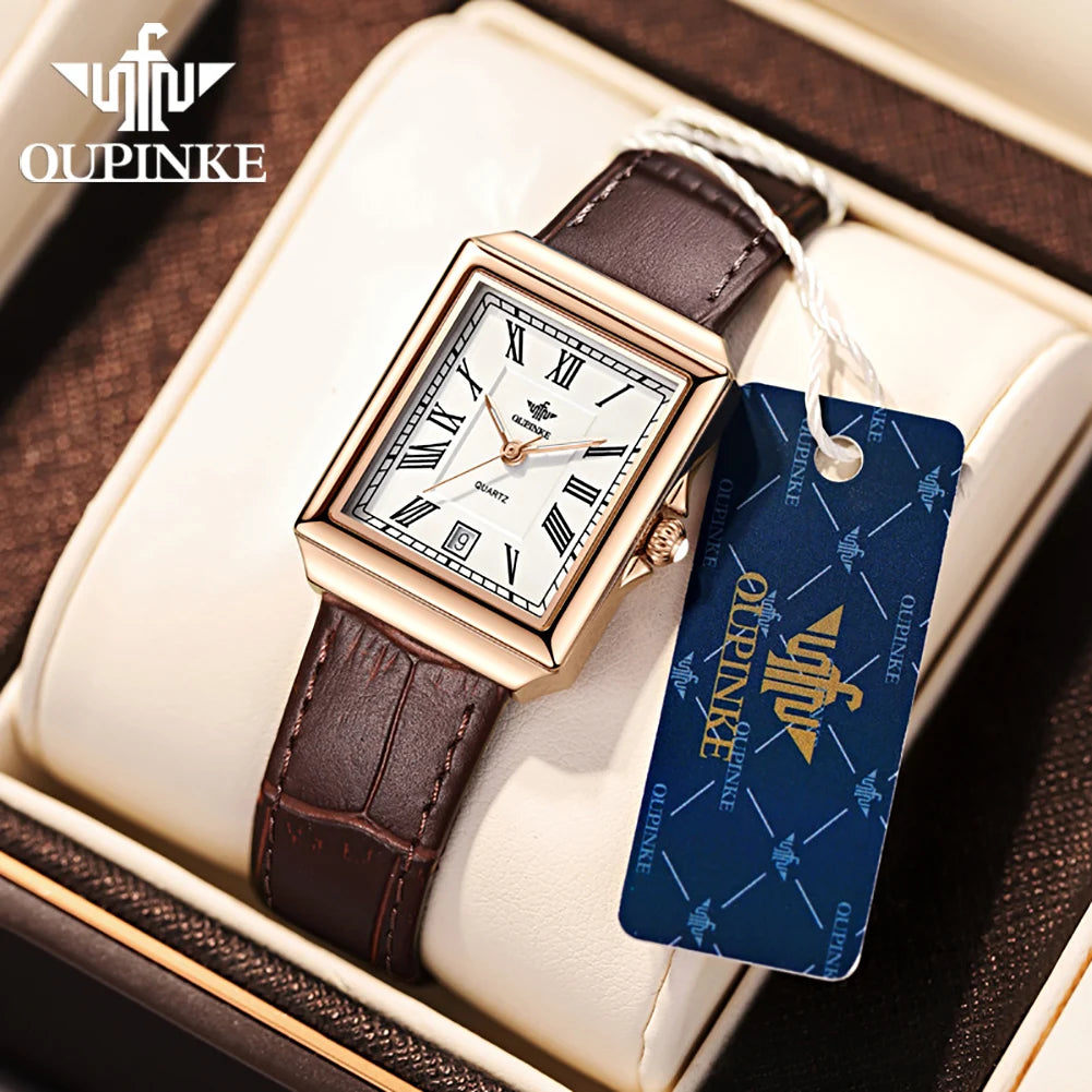 OUPINKE 3182 Simple Womens Watches Elegant Rectangular Dial Quartz Watch Leather strap Date Waterproof Original Lady Wristwatch