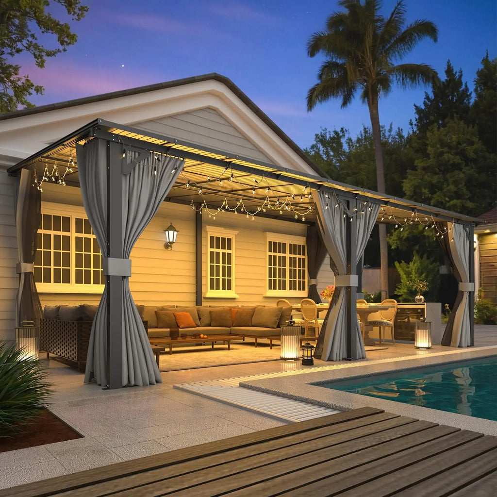 Large Wall Mounted Lean To Pergola Gazebo 20x12 Hard Top With Curtains Netting For Patio Lawn Backyard Garden Deck