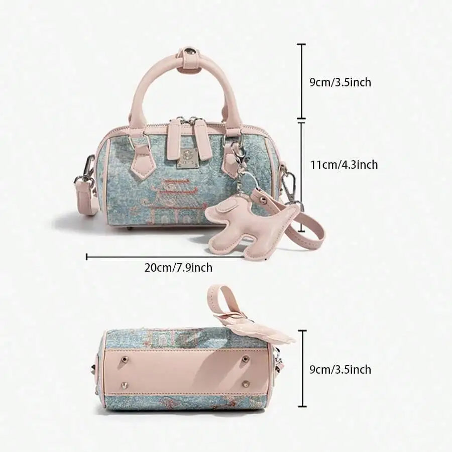 Pastel Pink Handle Bag with Embroidered Pagoda Motif, Boston Style Pillow Shape Crossbody for Women