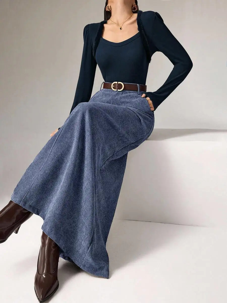 Women's Brown Solid Corduroy Midi Skirt with Belt, Loose Fit for Autumn Winter