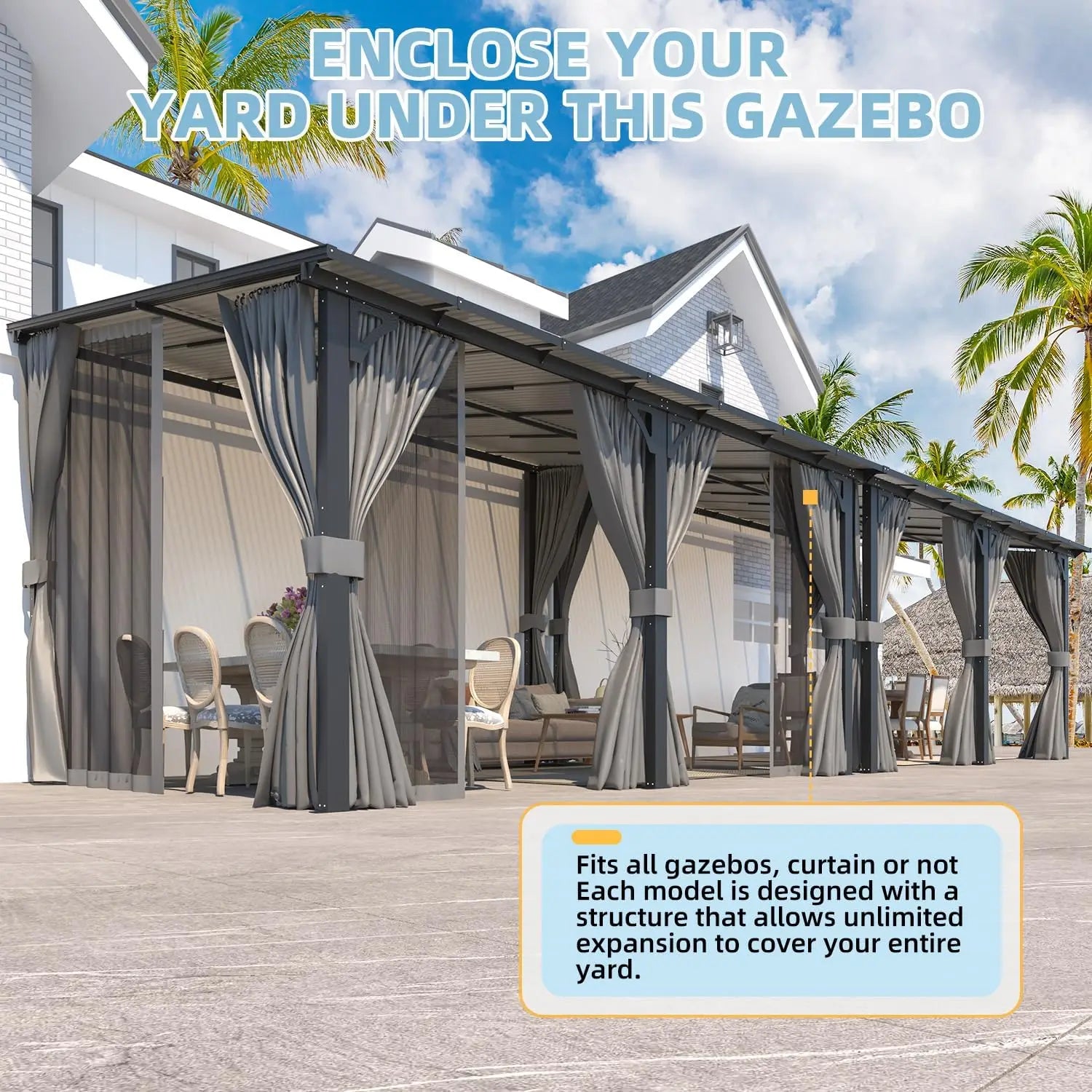 Large Wall Mounted Lean To Pergola Gazebo 20x12 Hard Top With Curtains Netting For Patio Lawn Backyard Garden Deck