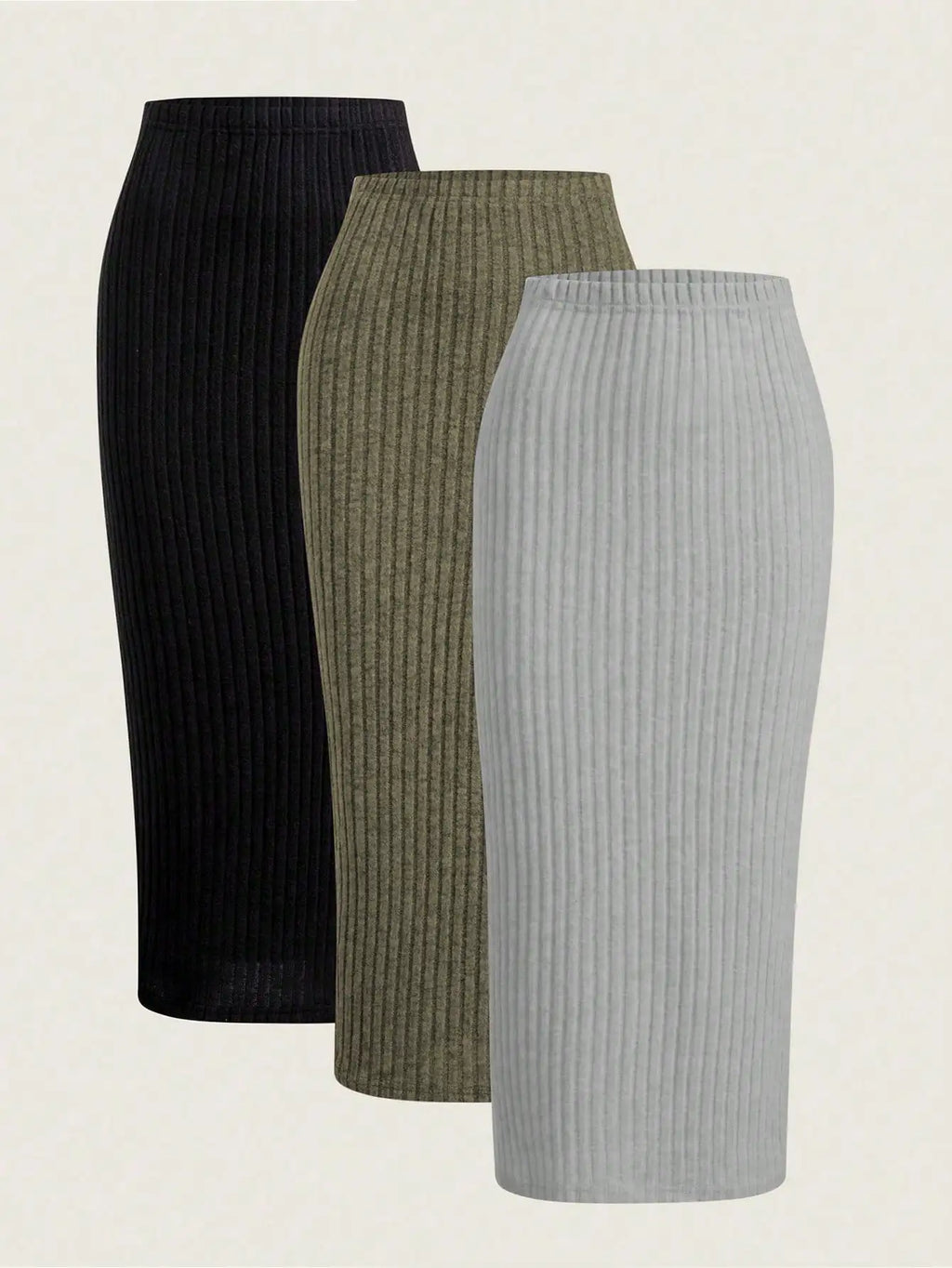3-Pack High Waist Ribbed Knit Bodycon Skirt Set for Women - Black, Mauve, Cream