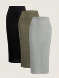3-Pack High Waist Ribbed Knit Bodycon Skirt Set for Women - Black, Mauve, Cream