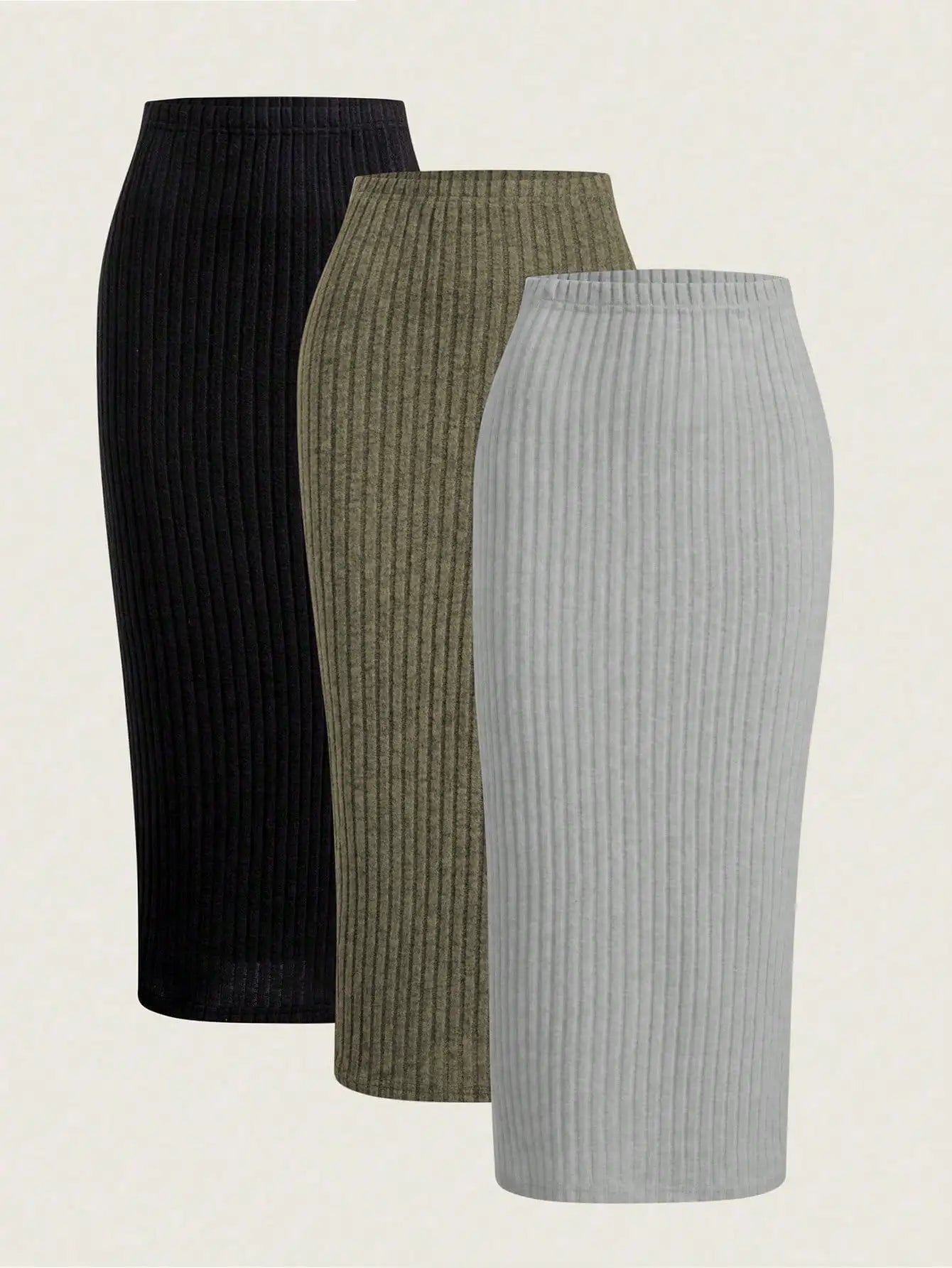 3-Pack High Waist Ribbed Knit Bodycon Skirt Set for Women - Black, Mauve, Cream