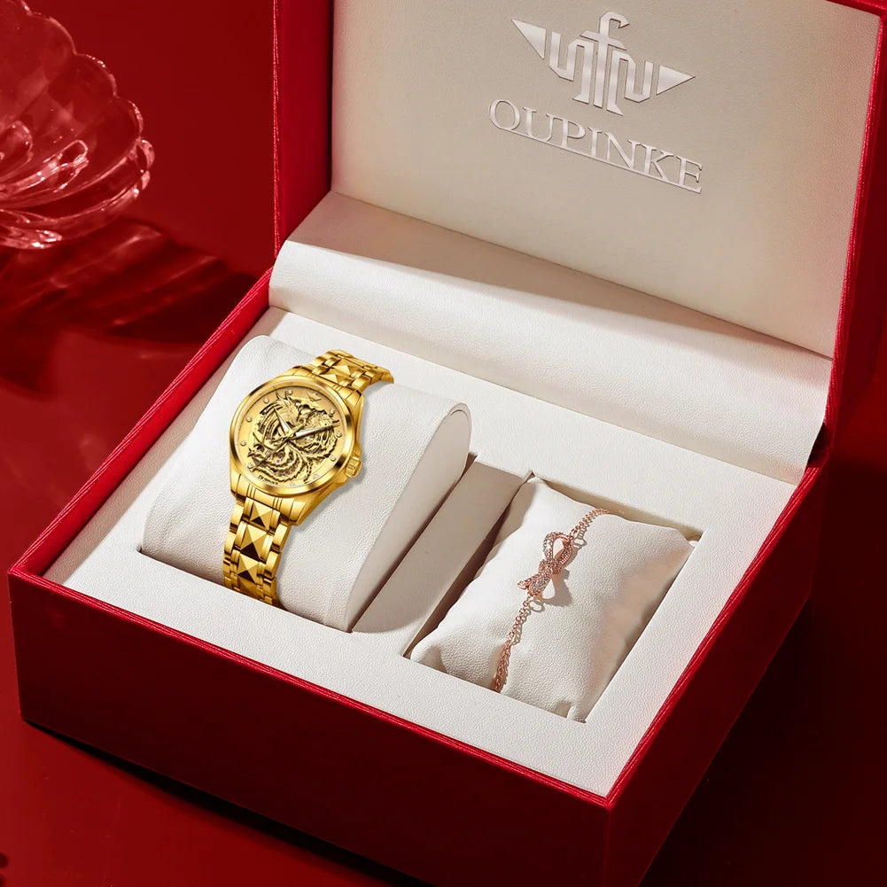 OUPINKE Top Luxury Women's Watches Golden Phoenix Dial Original Automatic Mechanical Watch for Lady Waterproof Luminous Gift Set