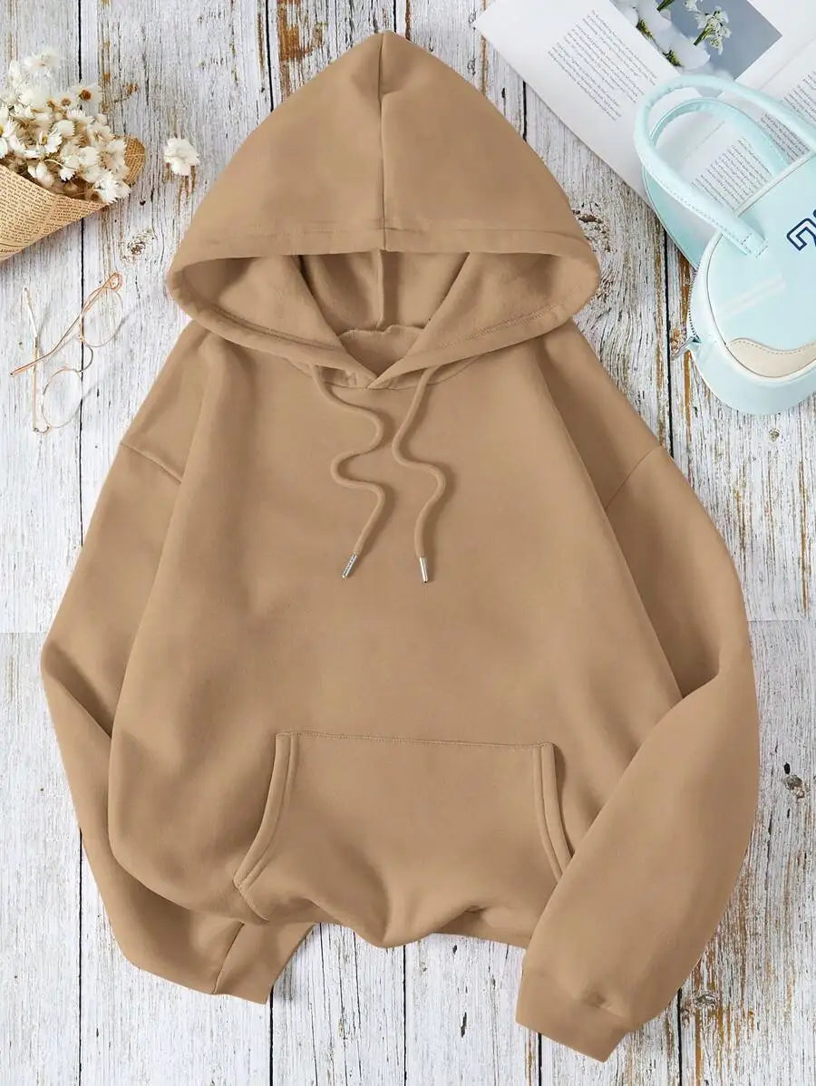 Soft Pink Kangaroo Pocket Hoodie with Drawstring, Loose Fit Long Sleeve Pullover for Women