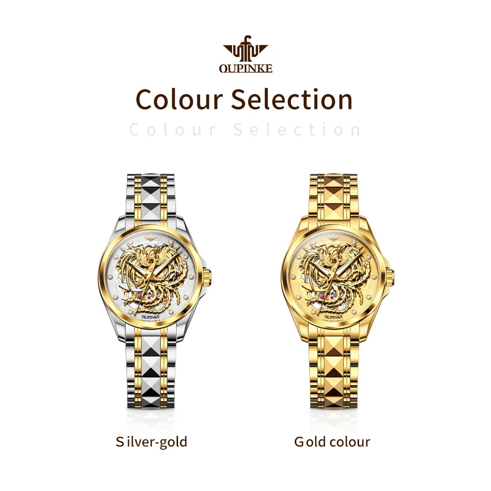 OUPINKE Top Luxury Women's Watches Golden Phoenix Dial Original Automatic Mechanical Watch for Lady Waterproof Luminous Gift Set